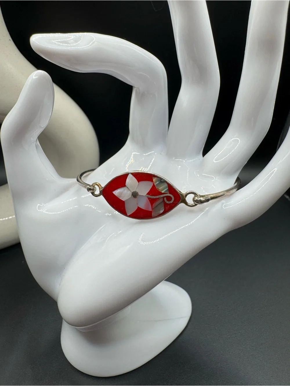 Mexican Silver Alpaca Bangle Bracelet with Red Enamel & MOP Floral Inlay